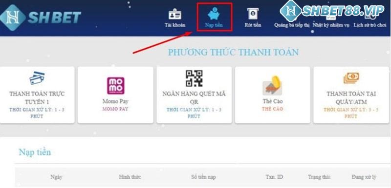 Chọn chức năng nạp tiền SHBET sau khi đăng nhập